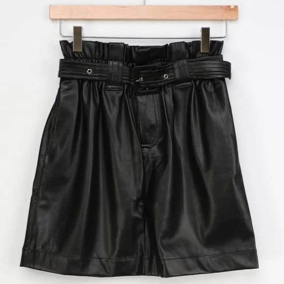 Black Vegan Leather Paperbag Waist Mini Skirt - Picture 2 of 3